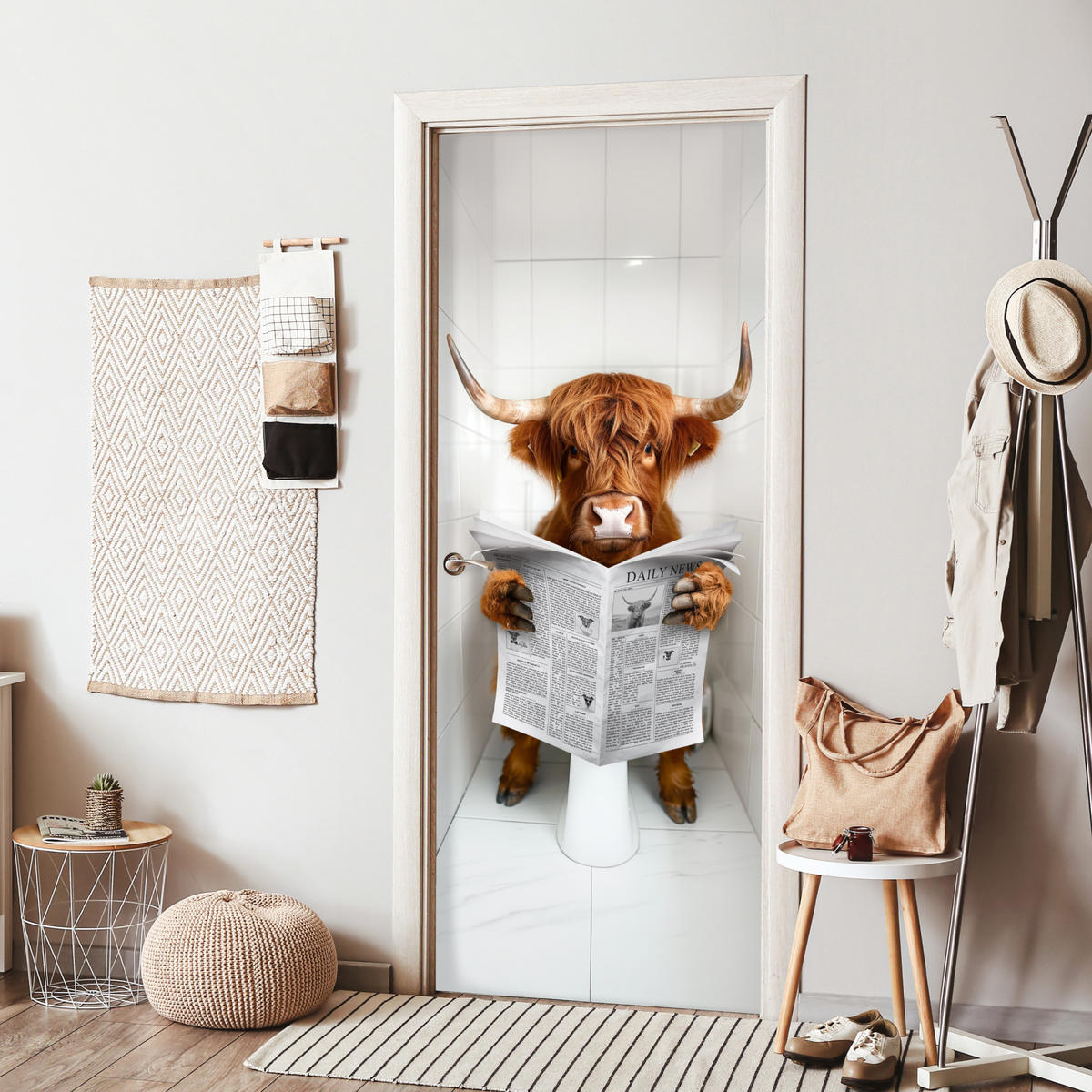 TÜRAUFKLEBER Scottish Highlander - Zeitung - WC - Tier 80x215 cm - Türtapete - Weiß, Kunststoff (80/0.1cm) - MuchoWow