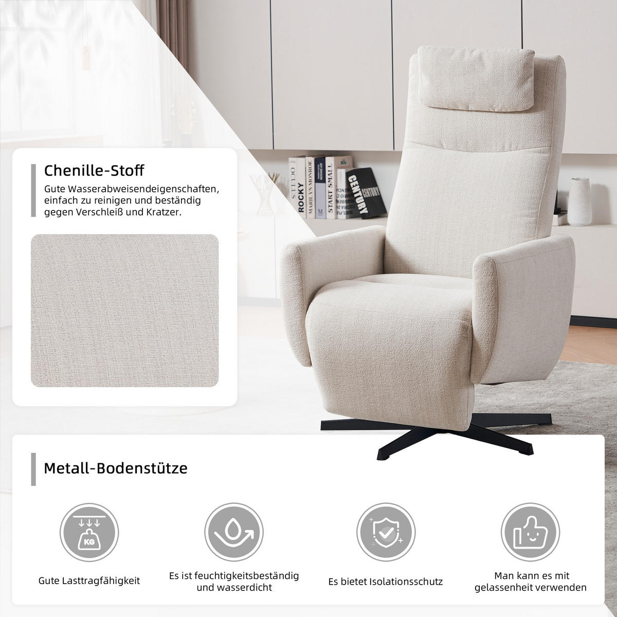 RELAXSESSEL Chenille mit Liegefunktion und 360° Drehfunktion 67/80.5/110 cm Beige - Beige, Textil (80.5/110/67cm) - Redom