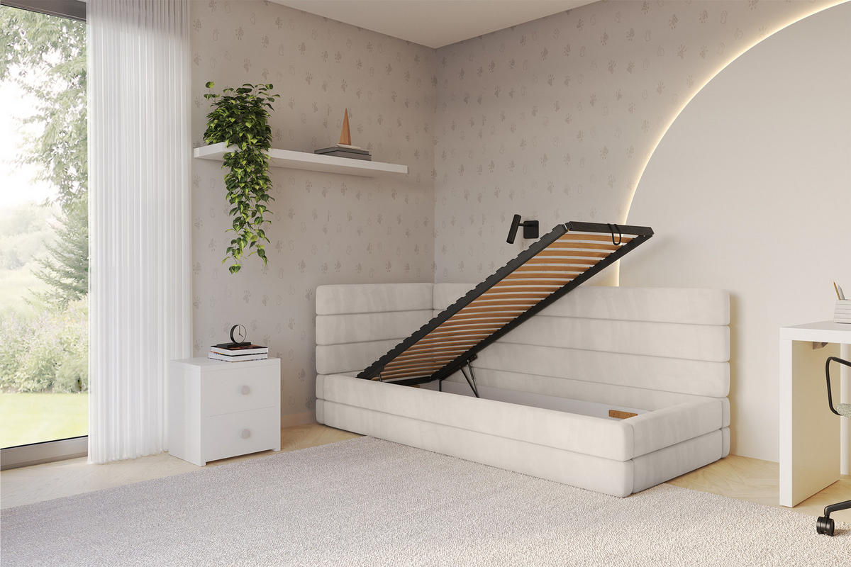 EINZELLBETT Jugendbett mit Bettkasten, Rechts - BEMY 90x200 Beige - Sandfarben, Holzwerkstoff/Textil (90/200cm) - ALTDECOR
