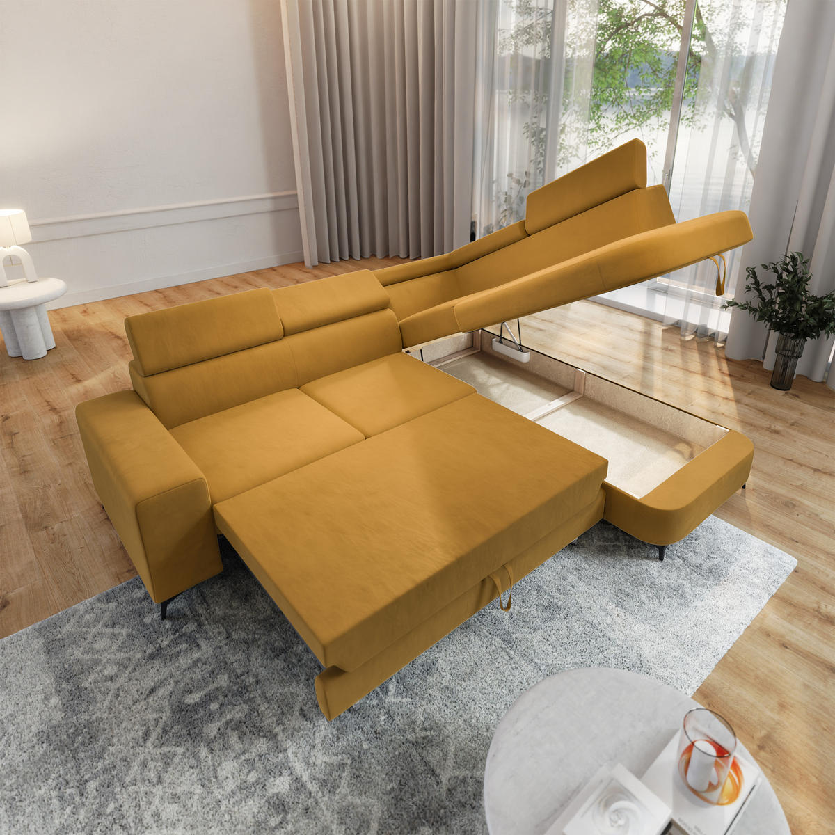 ECKSOFA ALVORO R-S Gelb Velours-Stoff mit Schlaffunktion - Gelb, Holz (253/190cm) - MASSENO