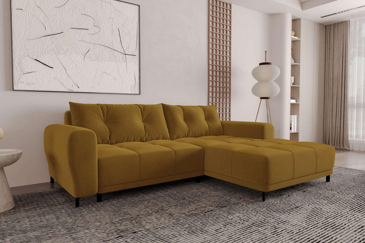 ECKSOFA Massimo Cordstoff Goldfarben inkl. Schlaffunktion Rechts - Goldfarben/Schwarz, Textil/Metall (246/177cm) - 99rooms