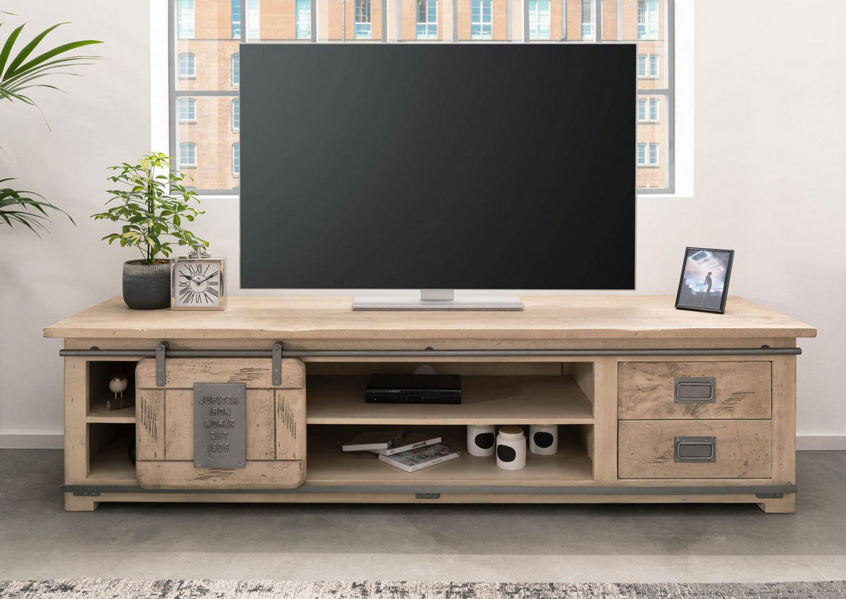 TV-BOARD Mango 200x55x50 whitewash lackiert RAILWAY #336 - Beige, Holz (55/50/200cm) - Massivmoebel24