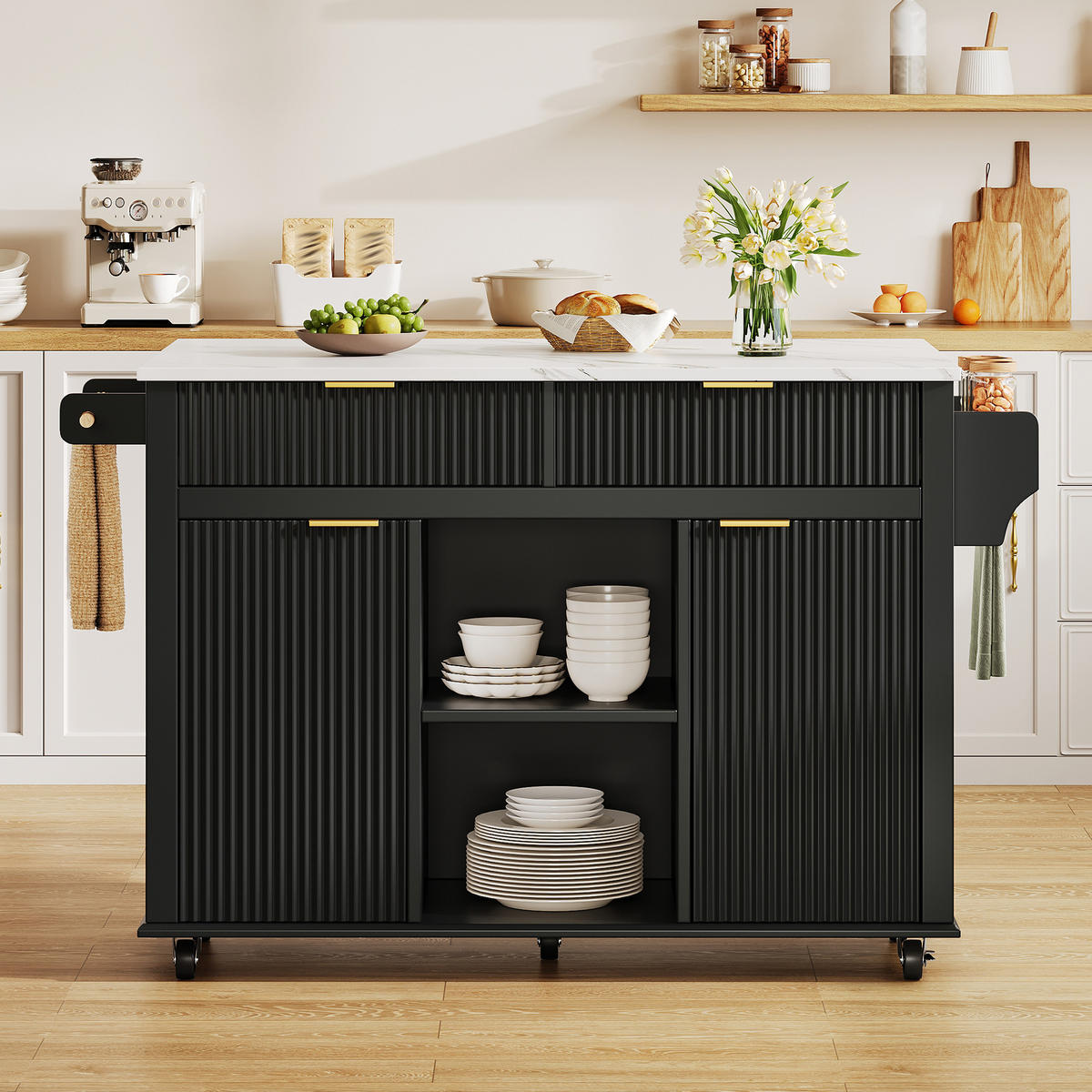 KÜCHENINSEL 89,5 cm MDF Schwarz Natur mit Klappbarer Arbeitsplatte und Gewürzregal - Schwarz, Holzwerkstoff (45/89.5/143cm) - Korfee