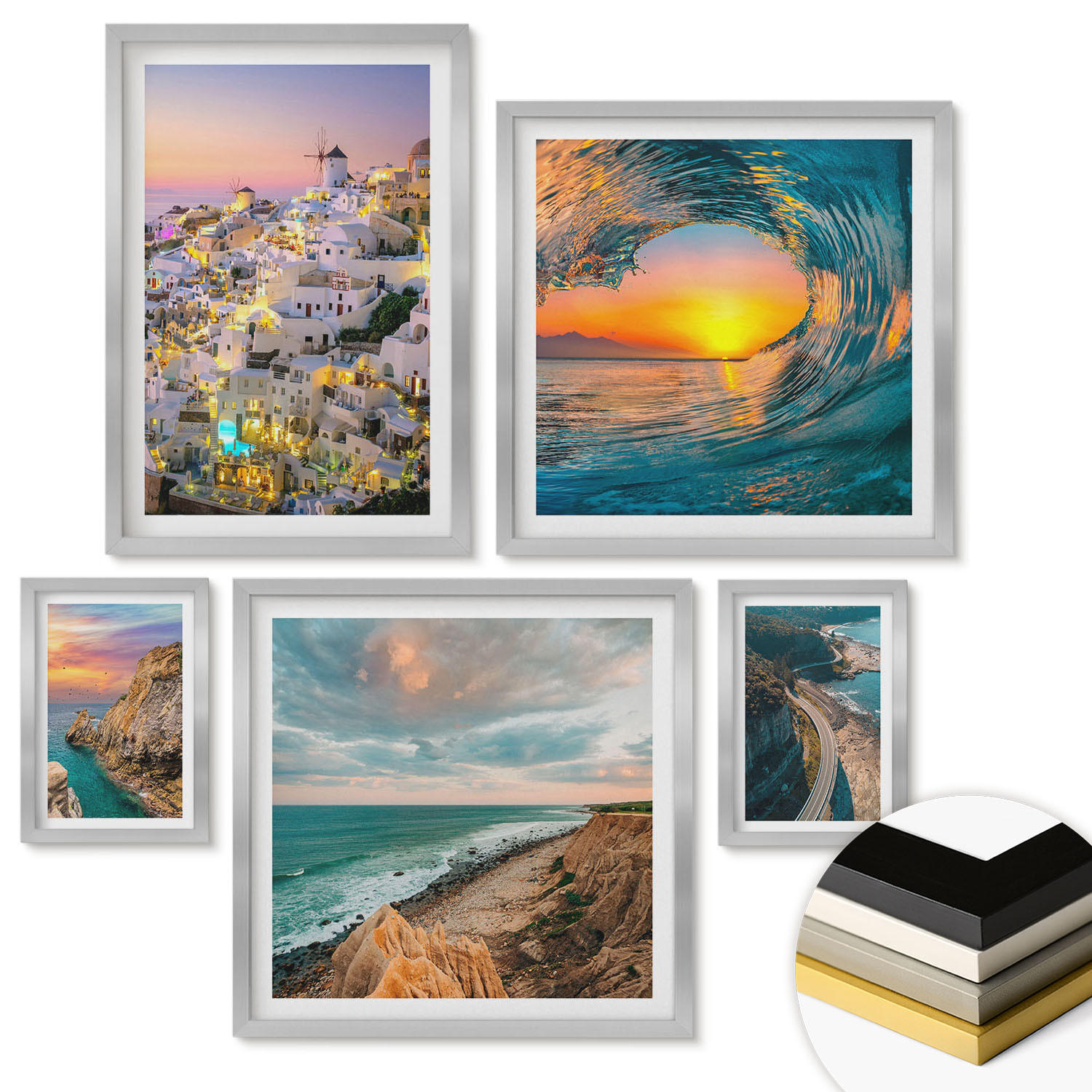 WANDBILDER 5er Set - 50x50 cm & 20x30 cm & 40x60 cm Silberner Rahmen - Meereswellen, weiße Häuser, Santorini - Silberfarben, Kunststoff (40/60cm) - ArtPrintCave