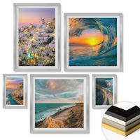 WANDBILDER 5er Set - 50x50 cm & 20x30 cm & 40x60 cm Silberner Rahmen - Meereswellen, weiße Häuser, Santorini - Silberfarben, Kunststoff (40/60cm) - ArtPrintCave