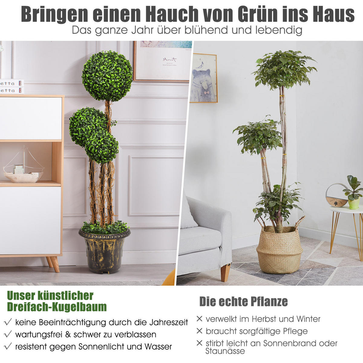 KUNSTBAUM mit Topf und 3 Kugeln Grün - Grün, Kunststoff (120cm) - COSTWAY