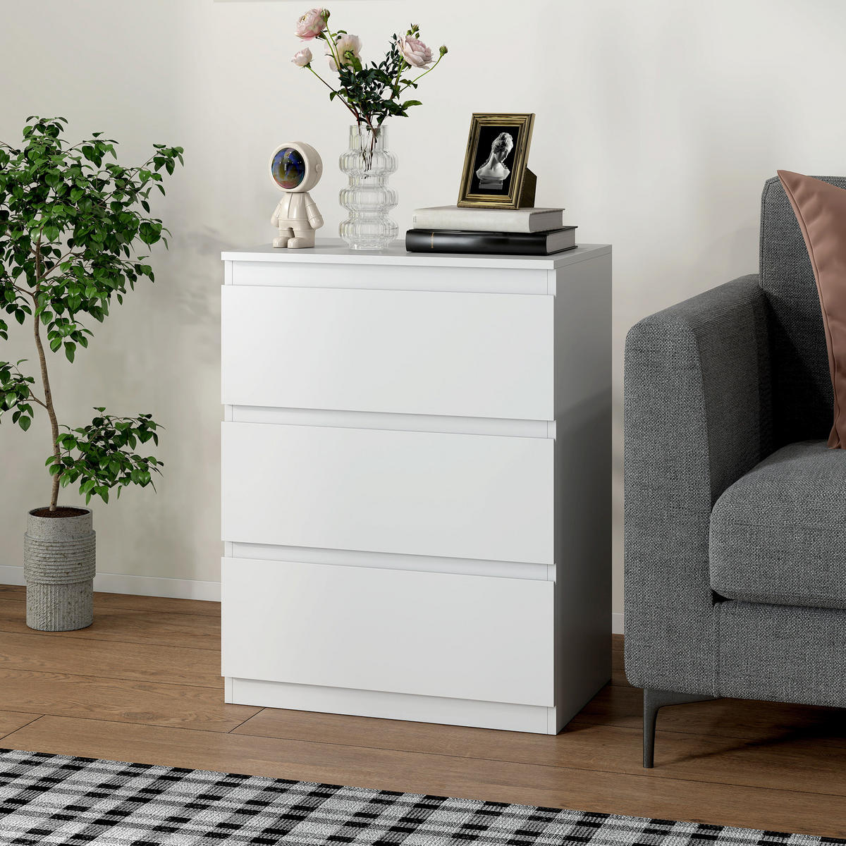 KOMMODE mit 3 Schubladen für Wohnzimmer Spanplatte Weiß - Weiß, Holzwerkstoff (40/79/60cm) - HOMCOM