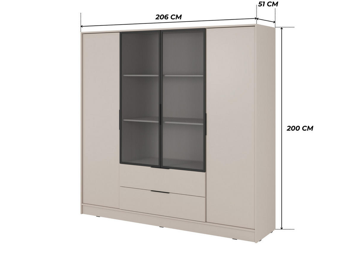 KLEIDERSCHRANK RICADI 4D RM (Kaschmir, Riffelglas, 4 Türen, 2 Schubladen, Kunststoffgriffe) - Kaschmir/Schwarz, Holz/Holzwerkstoff (206/200/51cm) - Ravio