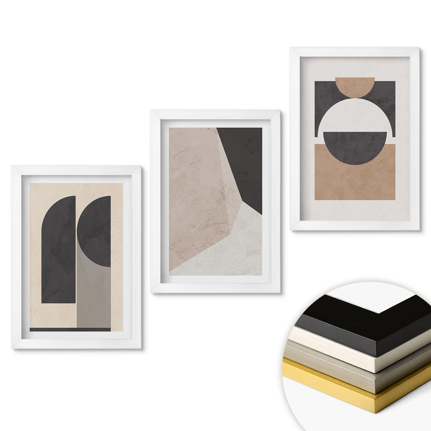 WANDBILDER 3er-Set - 20x30 cm Weißer Rahmen - Abstrakte Formen beige braun - Weiß, Kunststoff (20/30cm) - ArtPrintCave