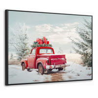 LEINWAND Bilder mit Rahmen - Auto - Rot - Geschenke - Winter - Schnee - Weihnachten - 100x70 - Rot, Textil (100/70cm) - MuchoWow
