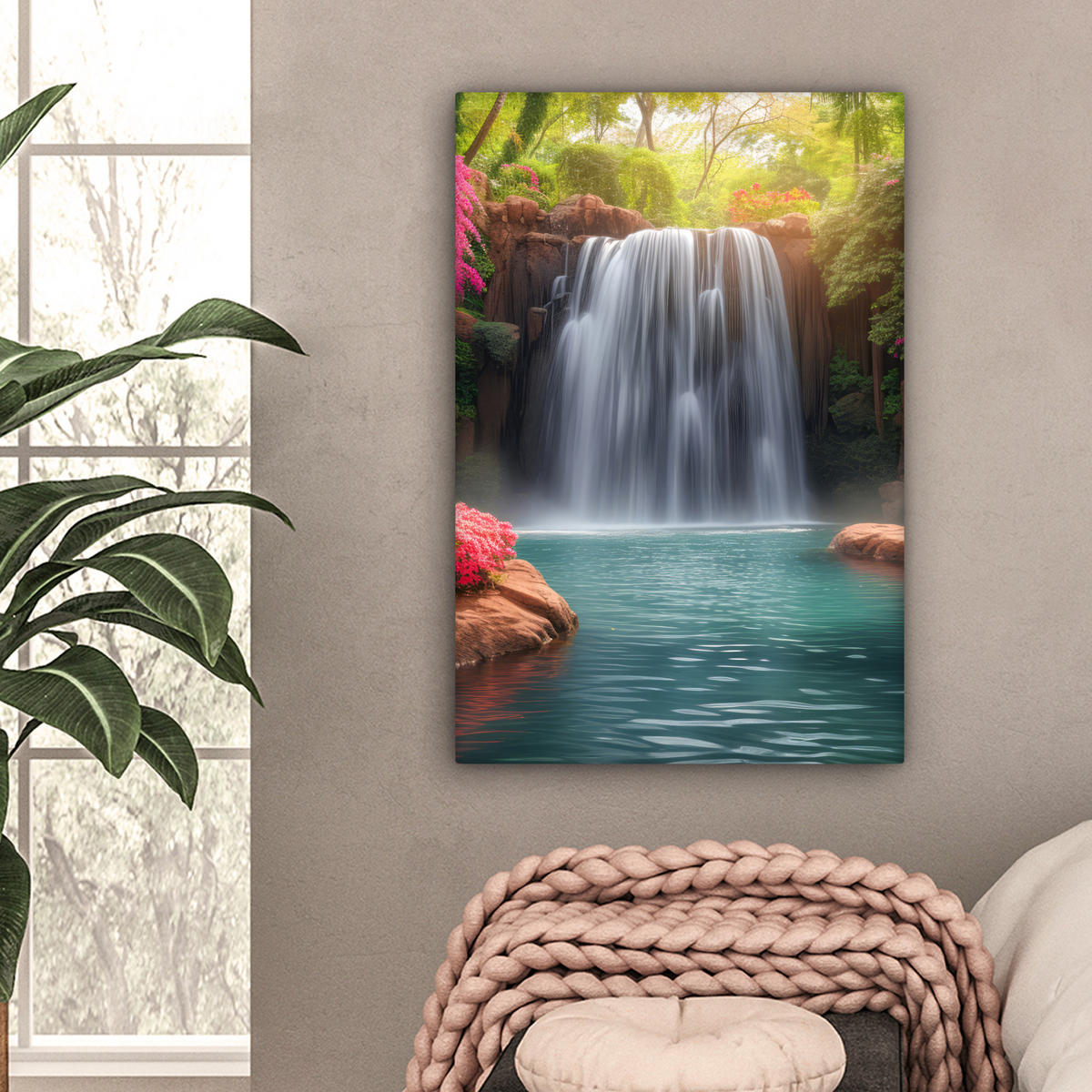 LEINWANDBILD Wasserfall - Natur - Pflanzen - Dschungel - Wasser Wanddeko 40x60 cm - Grün, Textil (40/60cm) - MuchoWow