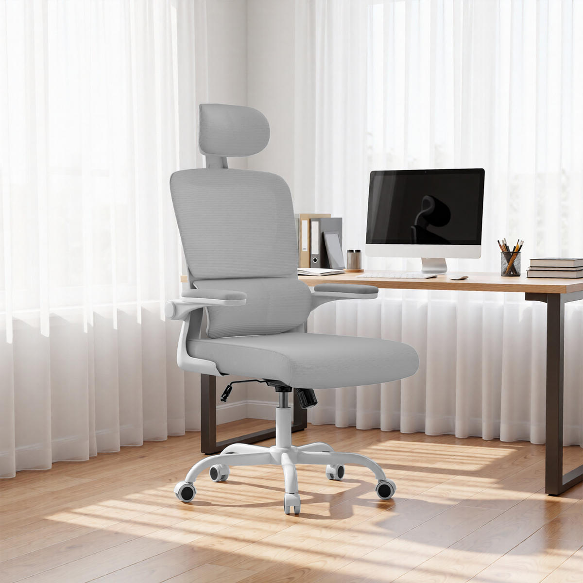 BÜROSTUHL Weiß-Grau ergonomisch mit klappbaren Armlehnen - Grau, Metall (25/52.5/65cm) - Rattrix