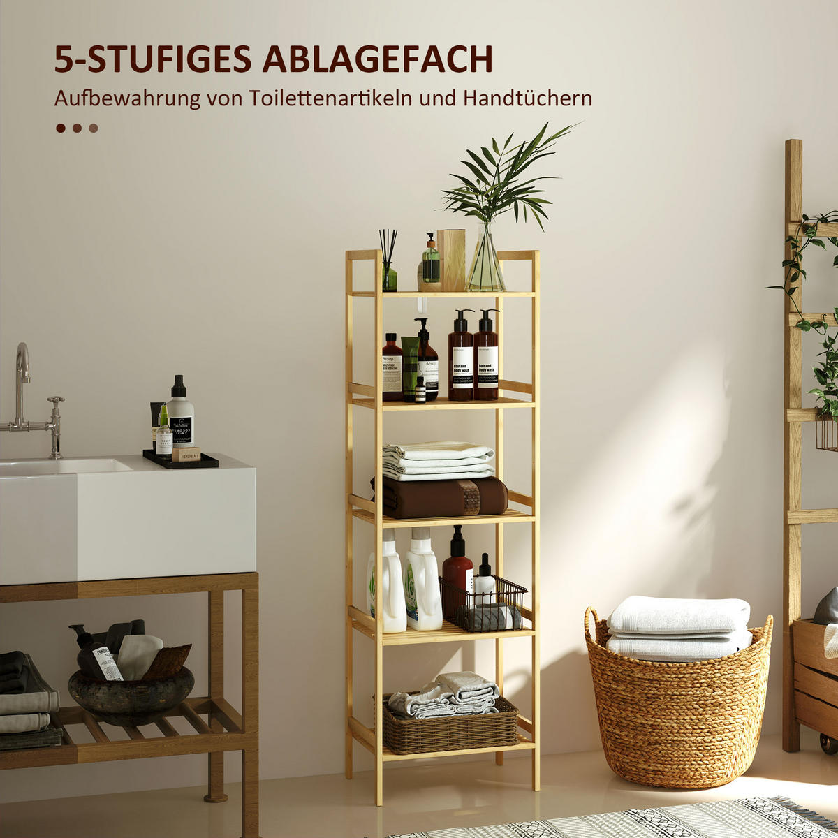BADREGAL mit 5 Ebenen, 43,5 x 31,5 x 142 cm, Naturholz - Naturfarben, Naturmaterialien (43.5/142/31.5cm) - HOMCOM