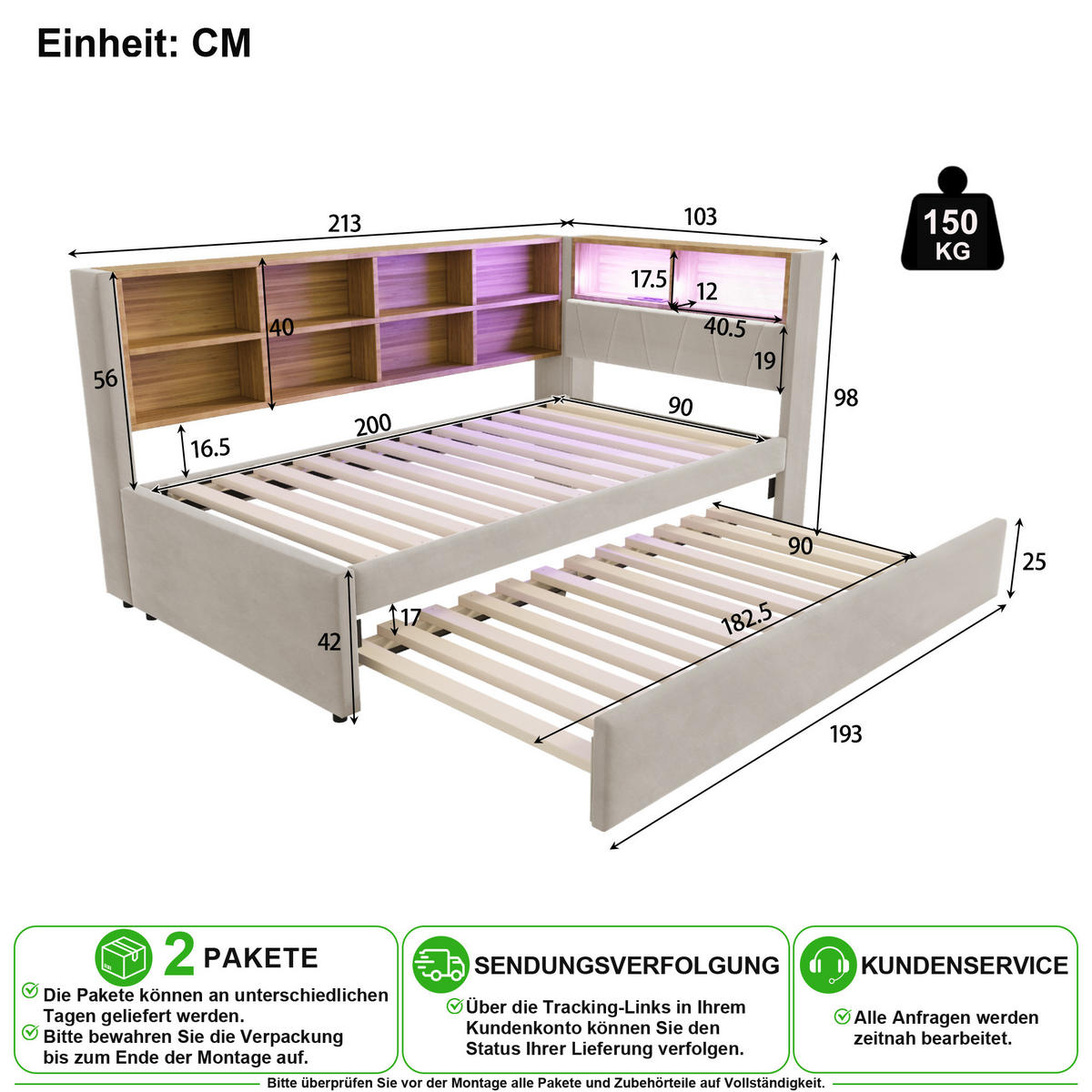 SCHLAFSOFA 90/200 cm & 90/190 cm in Hellgrau mit LED, USB und Ablagefächern Stoff - Hellgrau, Holzwerkstoff/Textil (90/200cm) - CHICFURN