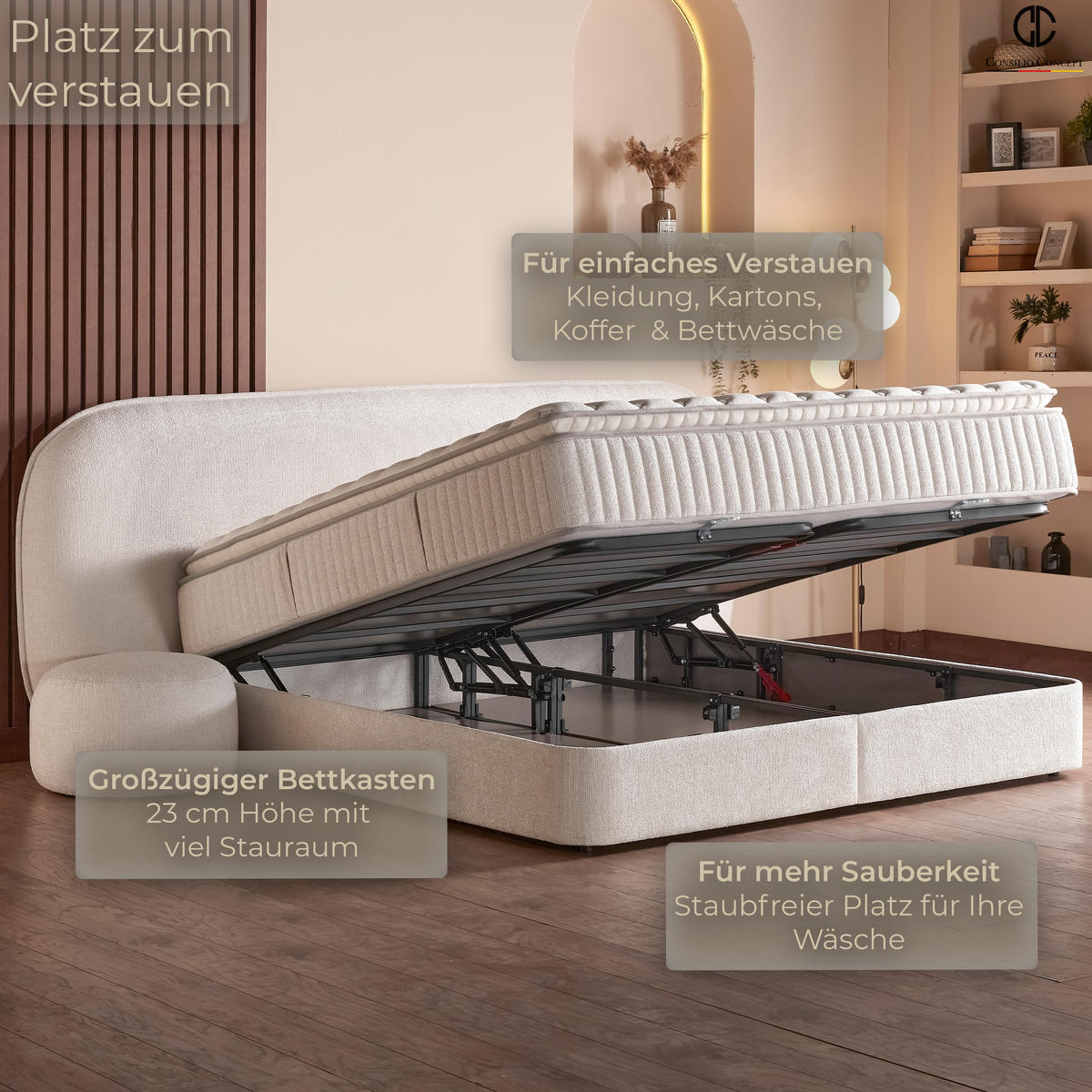 BOXSPRINGBETT MIT BETTKASTEN BALI 160/200 cm, Ivory, Bettkasten, Matratze, Topper integriert, H3 mittel 7-Zonen Matratze - Creme/Schwarz, Holz/Kunststoff (160/200cm) - Consilio Concept