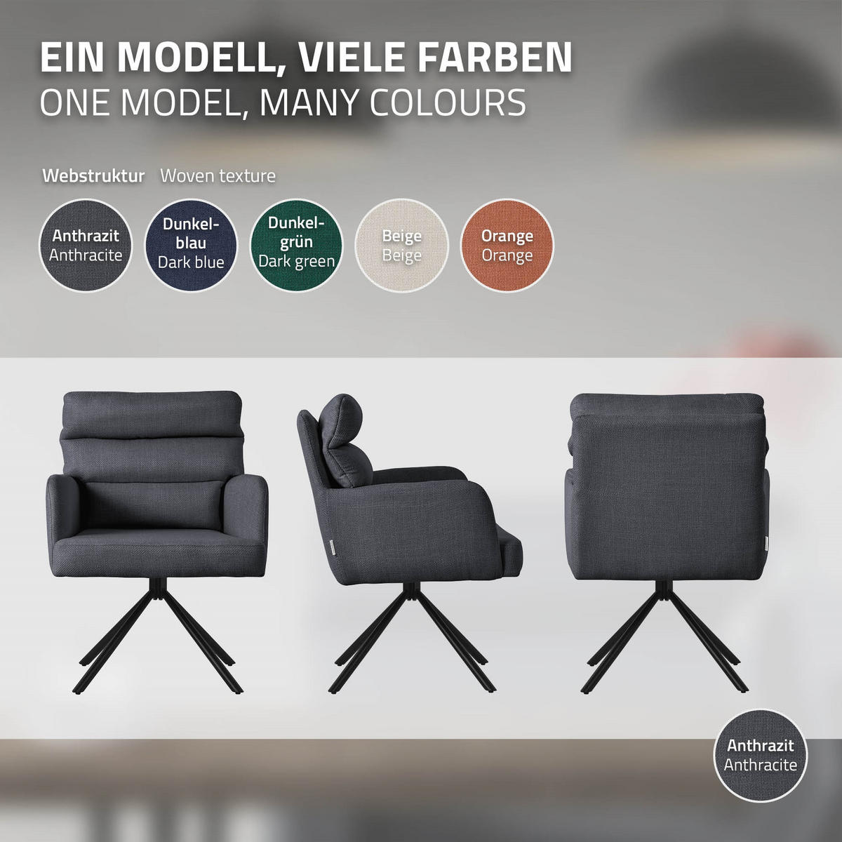 ESSZIMMERSTUHL Anthrazit - Anthrazit/Schwarz, Textil/Metall (64.5/93/64cm) - ML-DESIGN