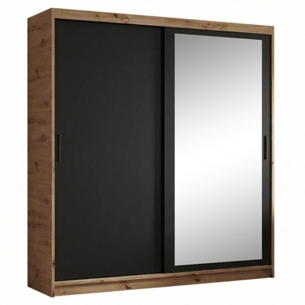 SCHWEBETÜRENSCHRANK Hela 180/205/60 2-türig eiche Artisan/schwarz mit Schubladen - Schwarz/Eiche Artisan, Holzwerkstoff (180/205/60cm) - Beautysofa