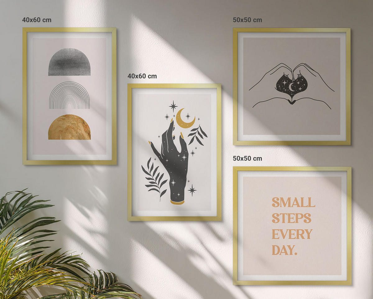 WANDBILDER 4er Set - 50x50 cm & 40x60 cm Goldrahmen - Minimalistische Boho-Illustrationen - Goldfarben, Kunststoff (50/50cm) - ArtPrintCave