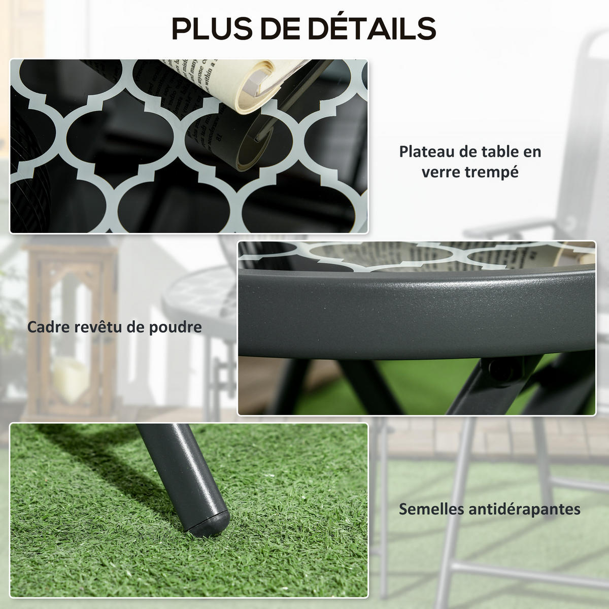 GARTENBEISTELLTISCH DE-14223 klappbar, mit Motivglas Schwarz - Schwarz, Metall (45/45/50cm) - ComfortXL