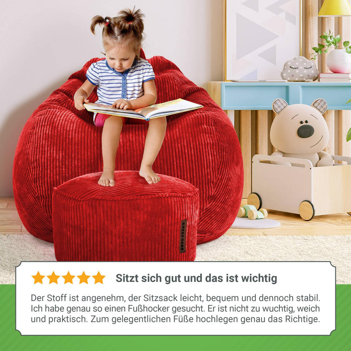 XXL-SITZSACK 2er Set + Pouf - Cordstoff - Rot, Textil (90/110/90cm) - Green Bean