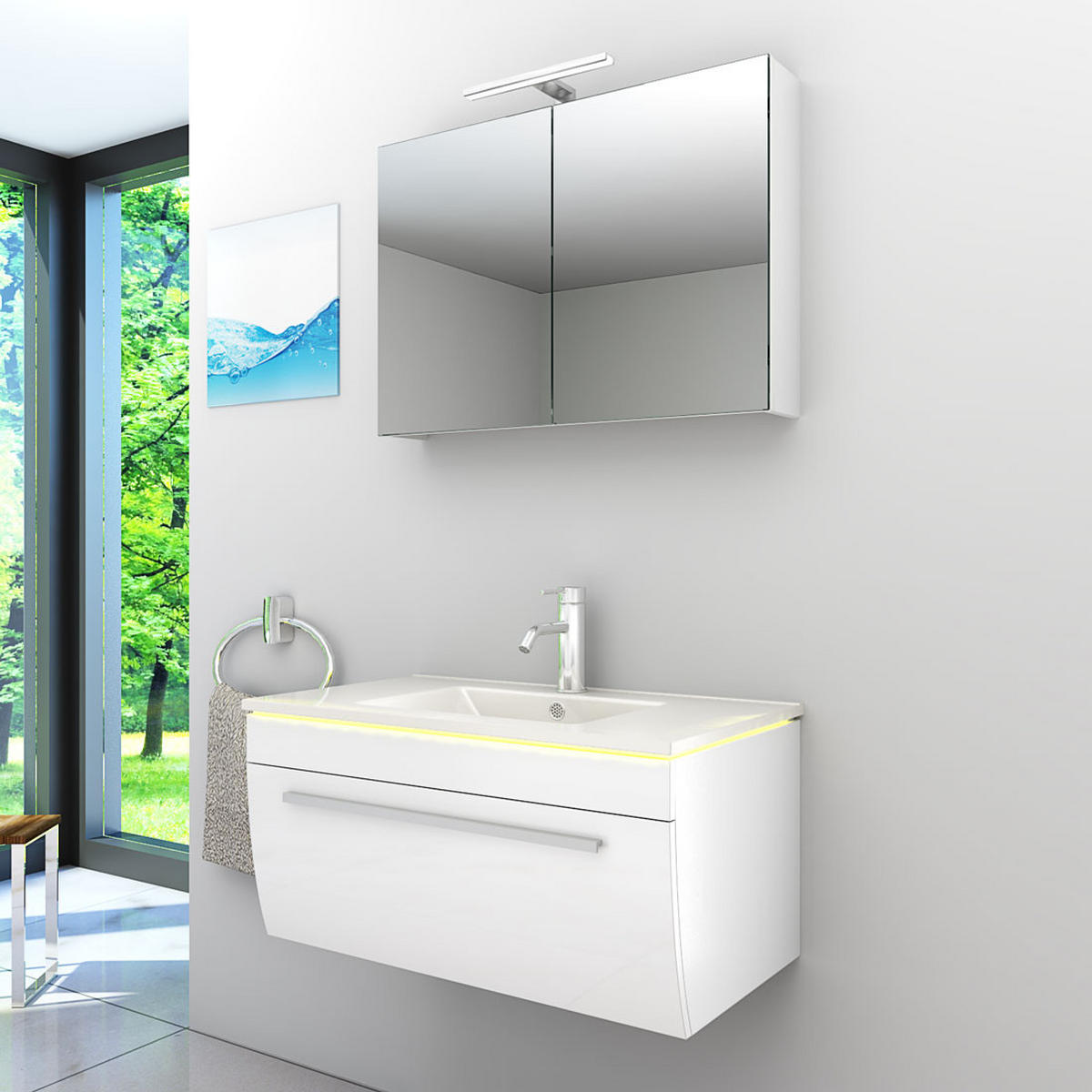 BADMÖBEL Set Gently 3 V1 Weiß MDF Waschtisch 80cm ohne LED-Beleuchtung - Weiß, Glas/Kunststoff (46/52/60cm) - AcquaVapore by Sandra Jentho
