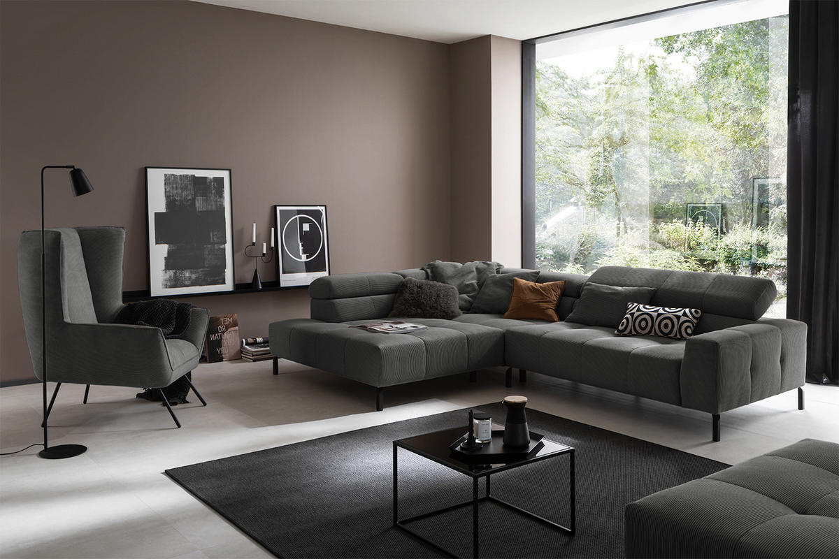 ECKSOFA MIT MOTORISCHEM SITZVORZUG OHIO Anthrazit Cord - Anthrazit/Schwarz, Textil/Metall (311/219cm) - KAWOLA