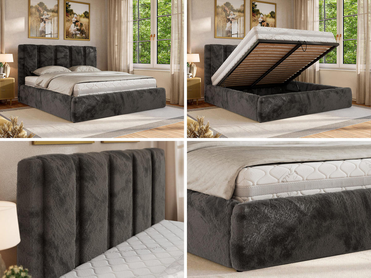 POLSTERBETT SAVINO CLASSIC 140/200 - Dunkelgrau Plüsch - Schaum-Matratze - Dunkelgrau, Textil (140/200cm) - MKS