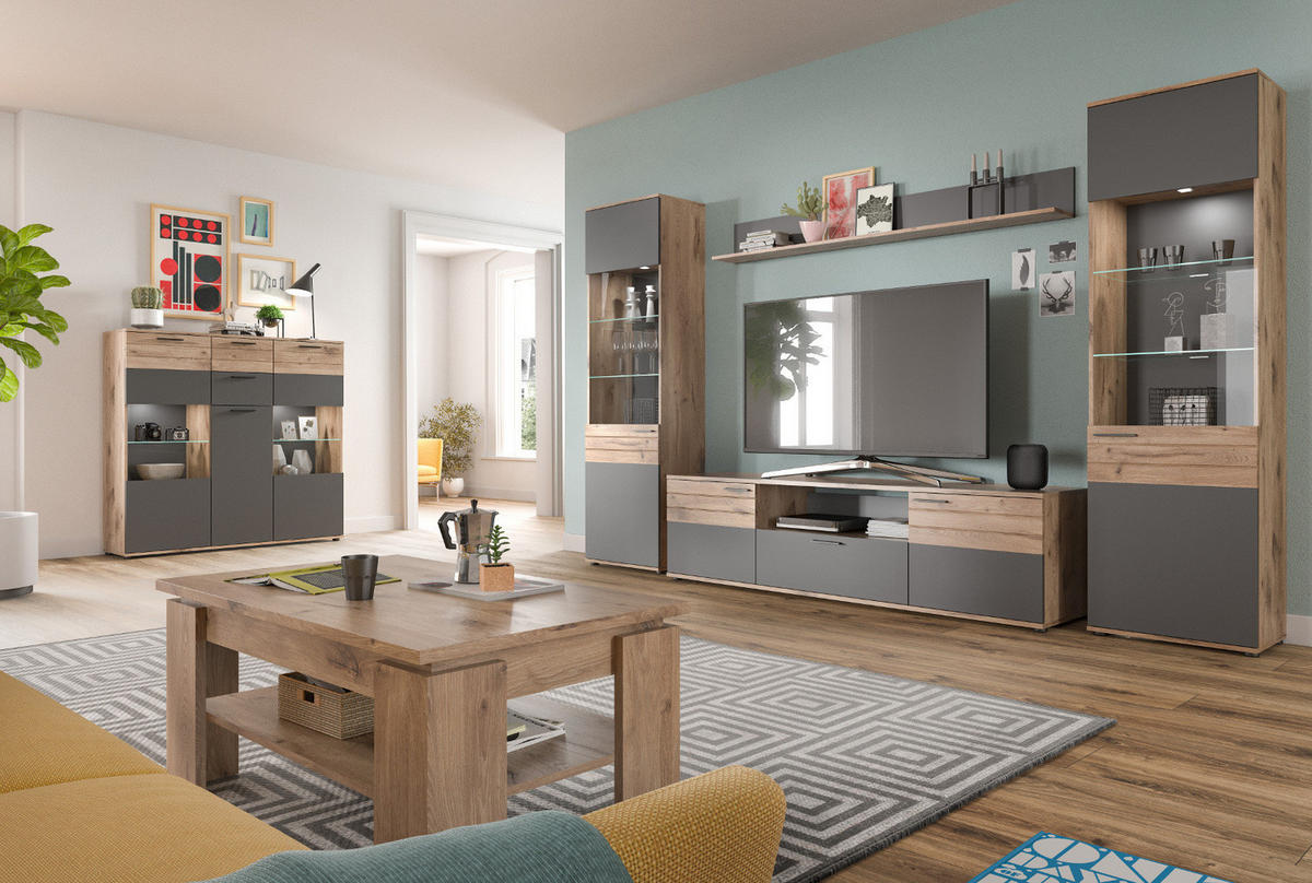 TV-LOWBOARD Eiche, grau 194 cm, XL Flat TV Unterschrank mit Soft-Close - Eichefarben/Schwarz, Holzwerkstoff/Kunststoff (194/53/47cm) - Inn.Furn