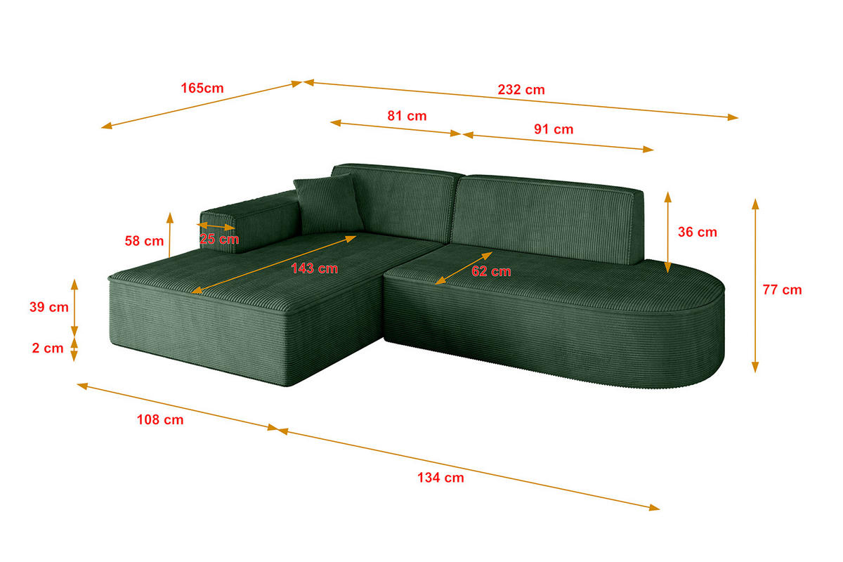 ECKSOFA Ottomane Links IREA-L1-v4 - 232x165x77 cm Grün - Currygelb, Holzwerkstoff/Textil (232/165cm) - ALTDECOR