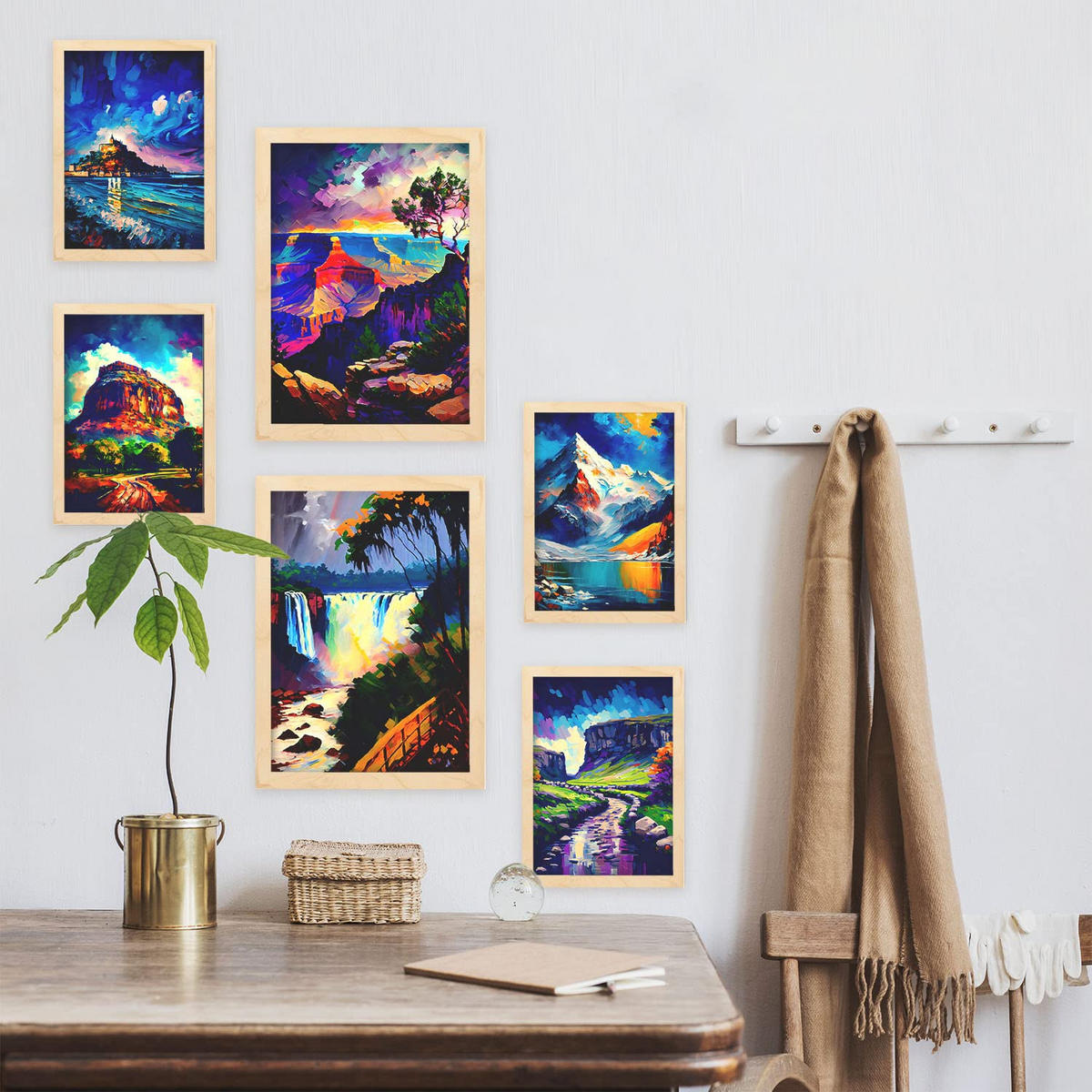 POSTER Set Mit 6 Blau Im Ölgemälde Stil A3 & A4 Rahmen Aus Hellem Holz - Beige, Papier (29/3cm) - Nacnic