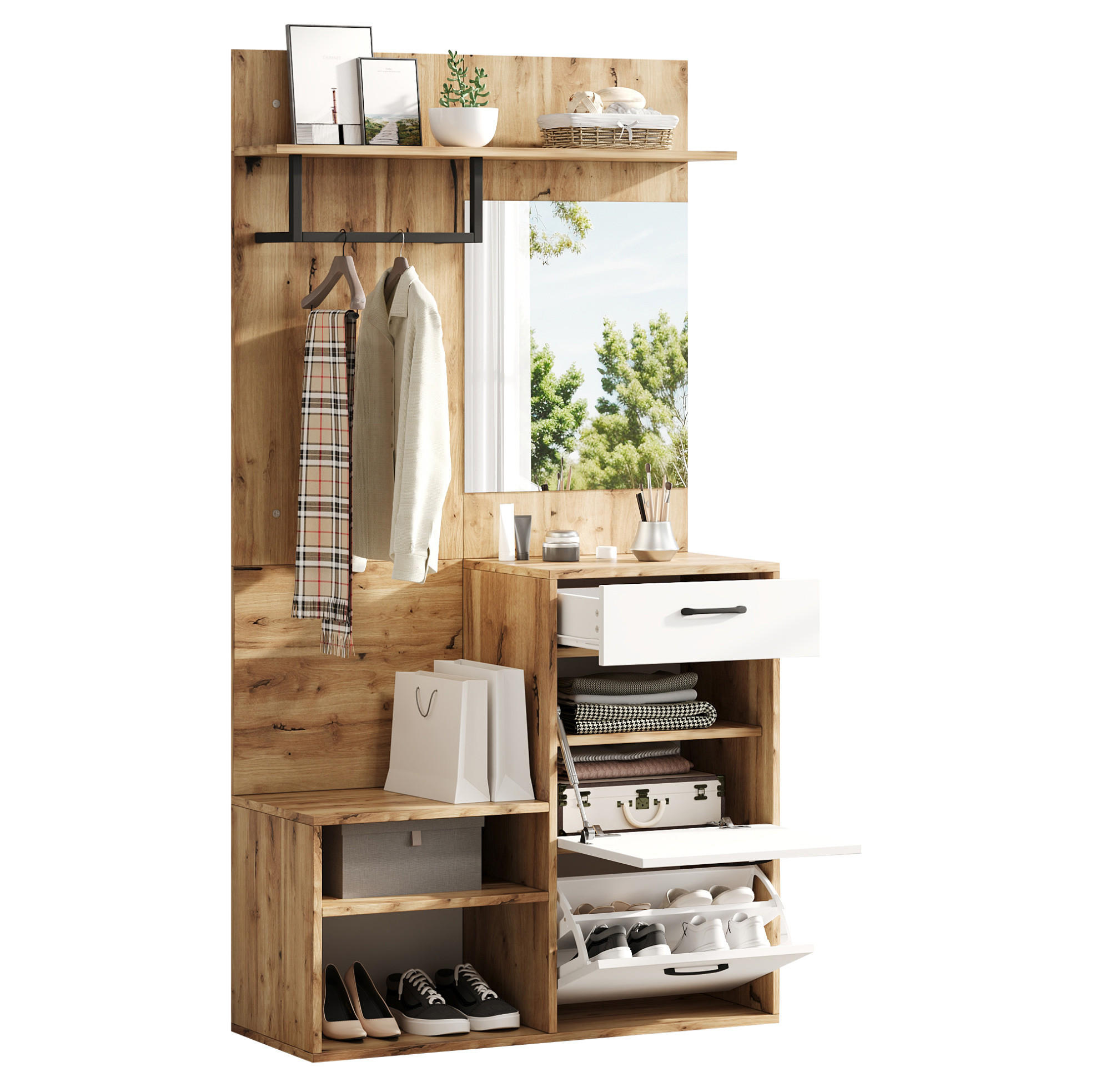 DIELENGARDEROBE mit Spiegel und Sitzbank 100/38,5/190 cm in Weiß/Natur - Weiß, Holzwerkstoff (100/190/38.5cm) - BEAOK