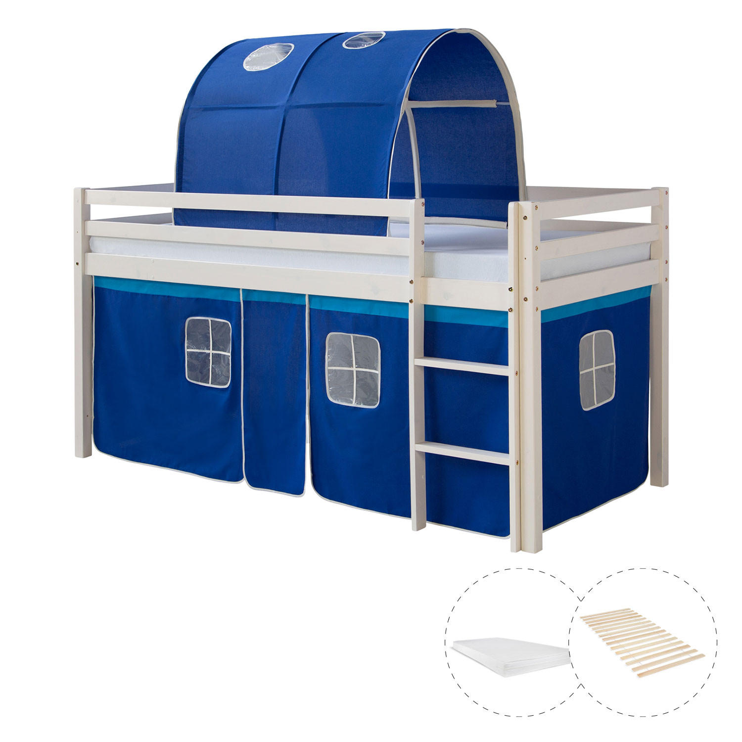 HOCHBETT mit Lattenrost 90/200 cm Matratze Tunnel Blau - Blau/Weiß, Holz - Homestyle4u