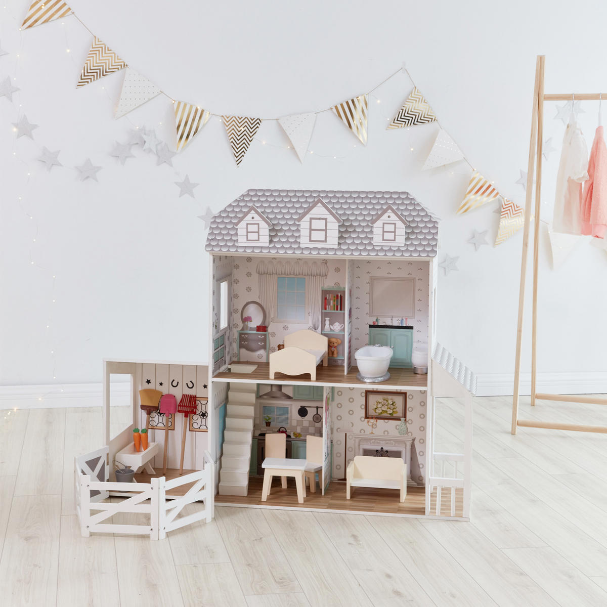 PUPPENHAUS, Grau, 90cm - Weiß, Holzwerkstoff (34/90/104cm) - Teamson Kids