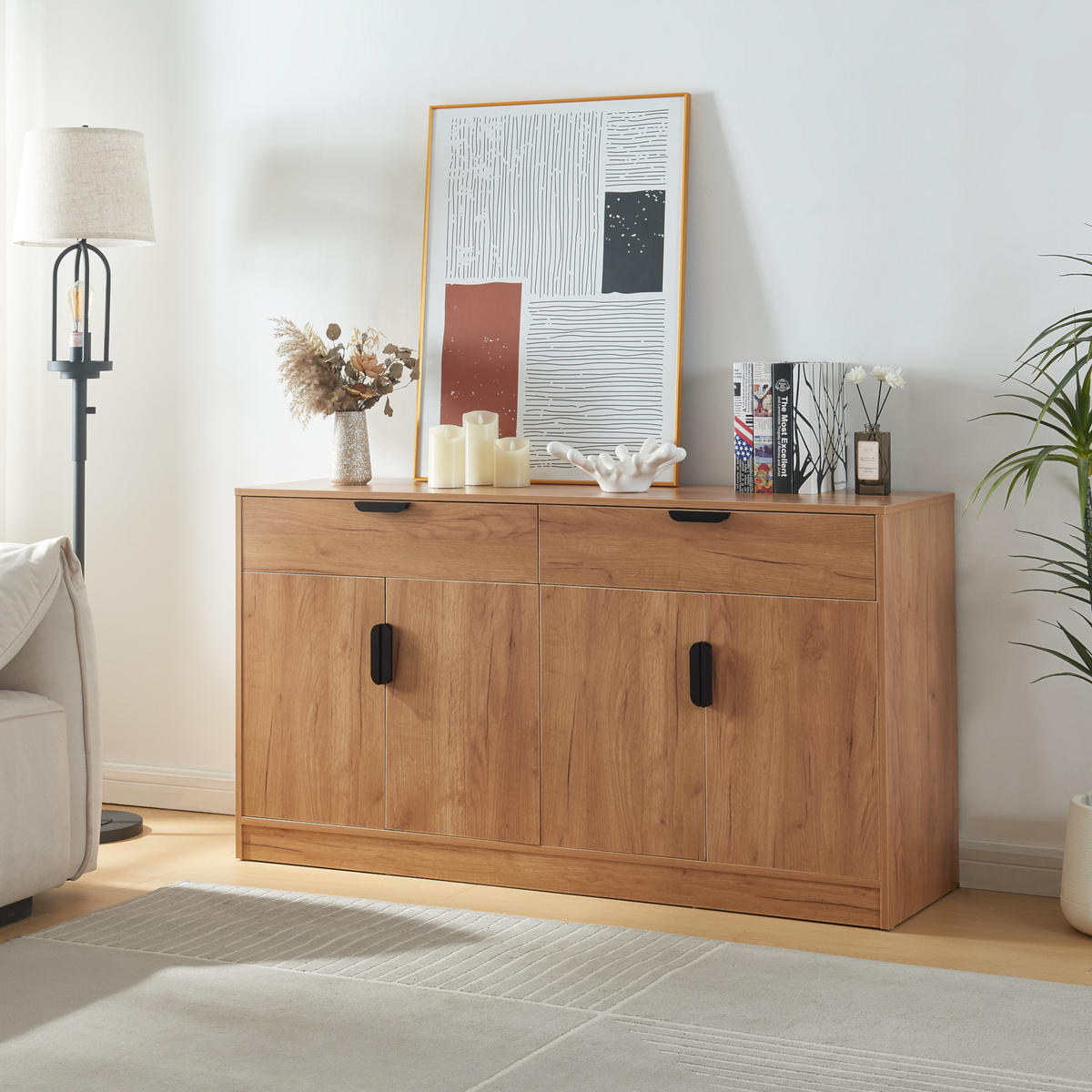 SIDEBOARD Varkaus - Eichefarben/Schwarz, Holzwerkstoff (140/75/40cm) - [en.casa]