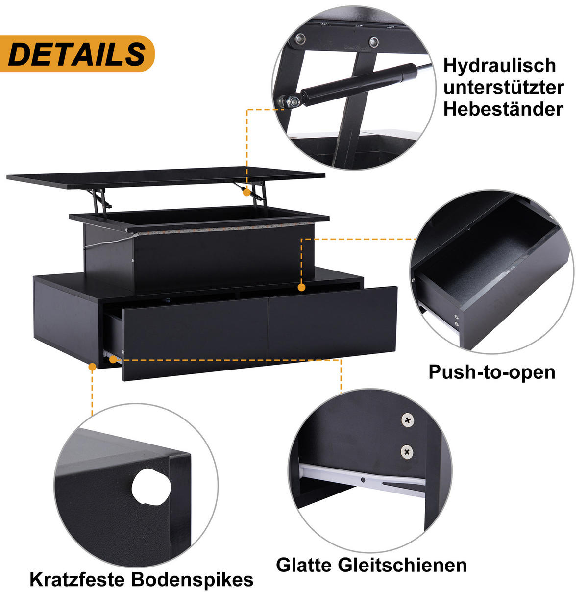 COUCHTISCH 90/55/41 cm aus Holzwerkstoff mit LED-Beleuchtung, ausziehbarer Platte und 4 Schubladen, Schwarz - Schwarz, Holzwerkstoff (90/55/41cm) - Redom