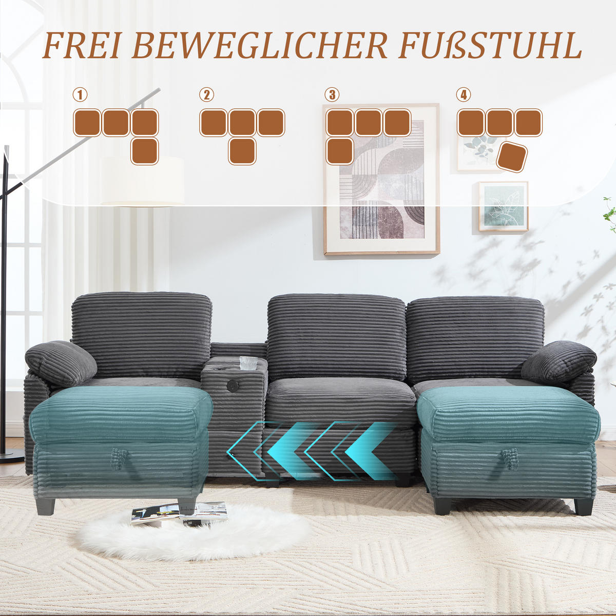 WOHNLANDSCHAFT Cord mit Memory Foam USB-Anschluss und Stauraum 266/136/82 cm Dunkelgrau - Dunkelgrau, Textil (136/82/266cm) - Redom