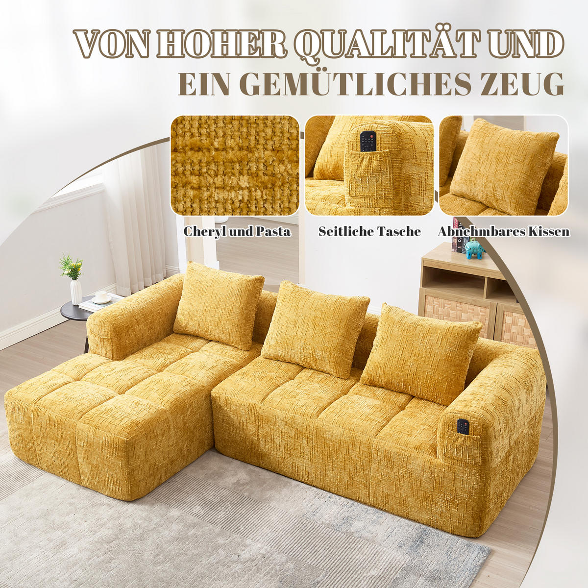ECKSOFA chenille L-form mit chaiselongue & 3 kissen - Gelb, Textil (250/158cm) - Urban Meuble