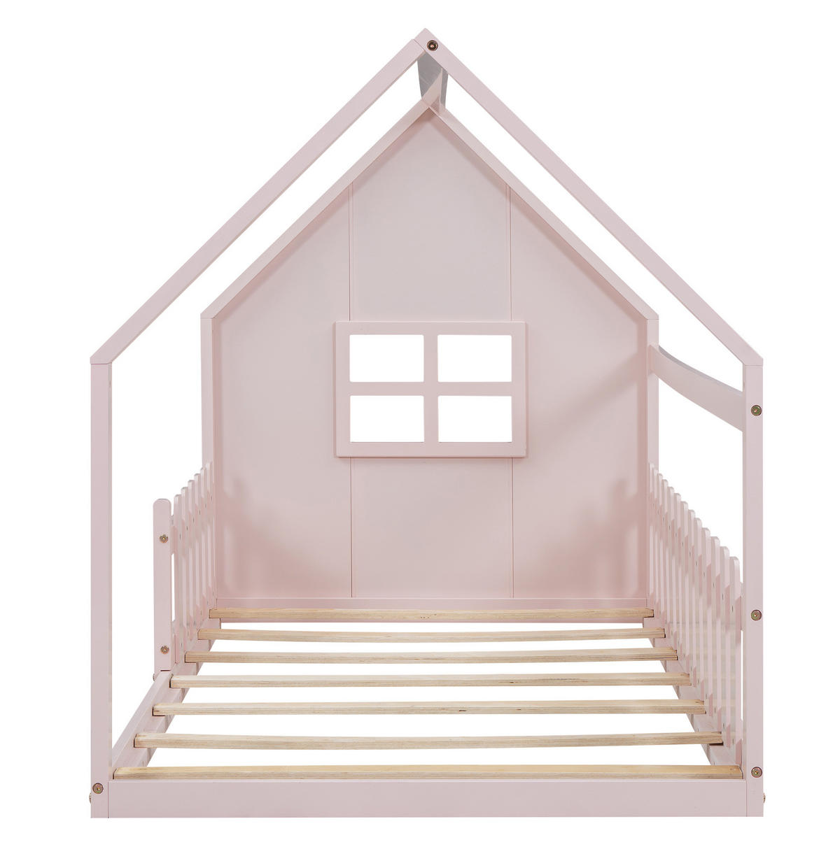 HAUSBETT aus Kiefer und MDF 90x200 cm Rosa in Hausform, bodennahes Design - Rosa, Holzwerkstoff (90/200cm) - Modfu