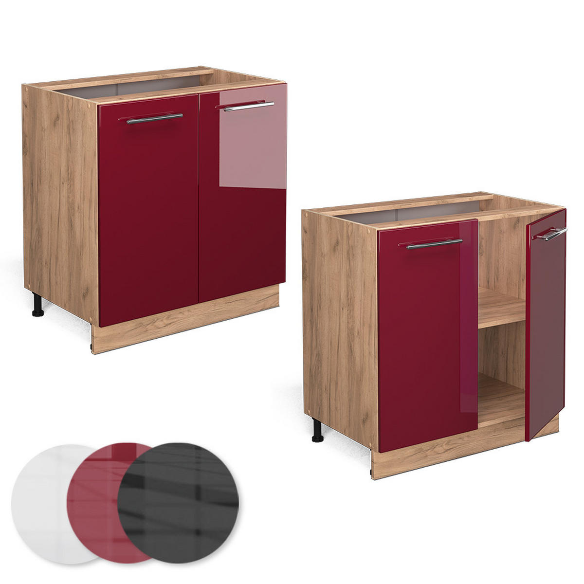 KÜCHENUNTERSCHRANK Fame-Line Bordeaux Hochglanz 80 cm mit Regal, AP Eiche - Bordeaux/Eiche Wotan, Holzwerkstoff (80/82/60cm) - Vicco