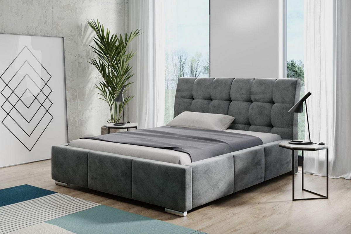 POLSTERBETT BARI mit Kopfteil, 180 x 200 cm, Doppelbett mit Bettkasten und Lattenrost aus Metall, Velourstoff, Frabe: Grau - Grau, Holz/Kunststoff (180/200cm) - Agmat-Furniture