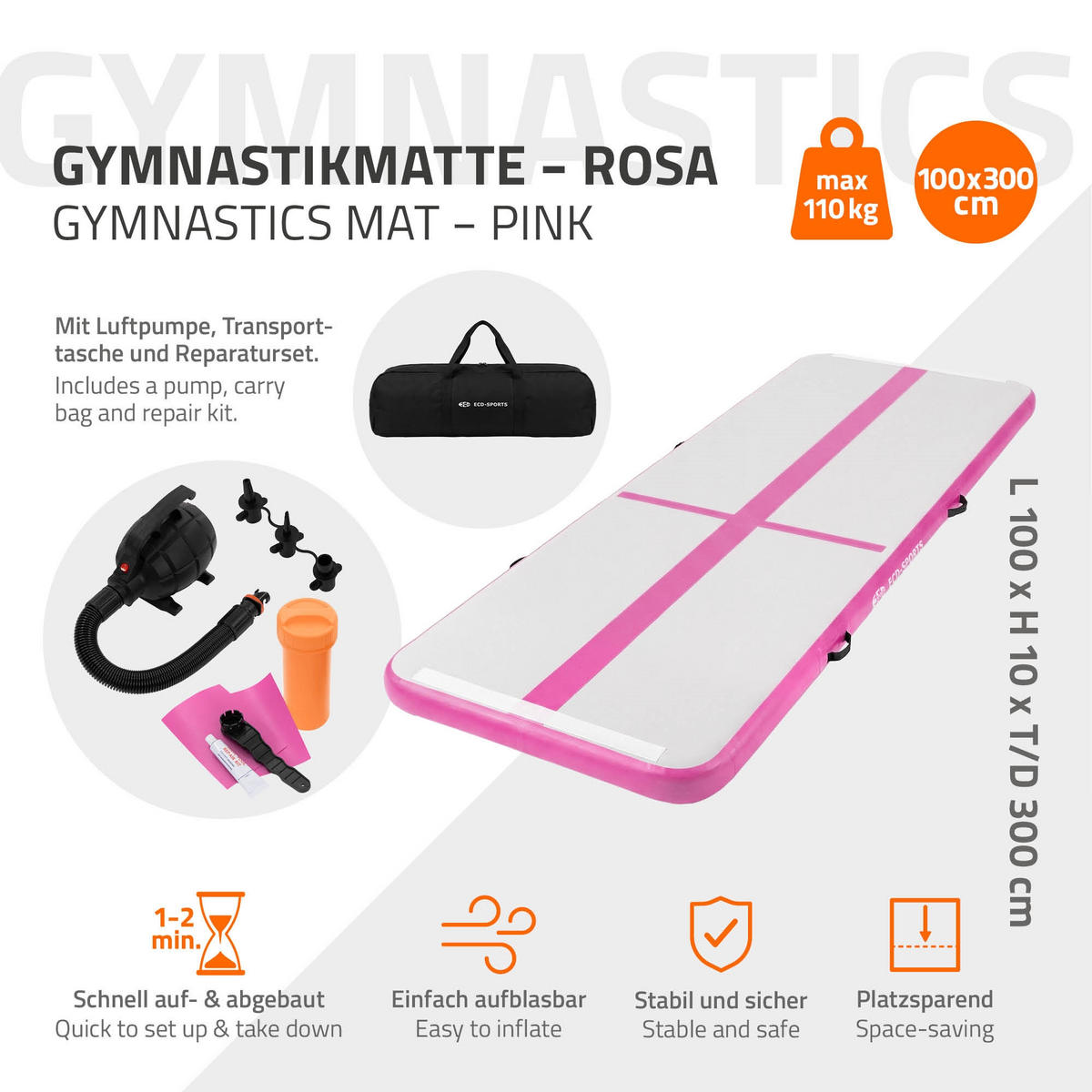 NAFUKOVACÍ gymnastická podložka Airtrack 300x100x10 cm růžová - růžová, plast (100/300cm) - ECD-Germany