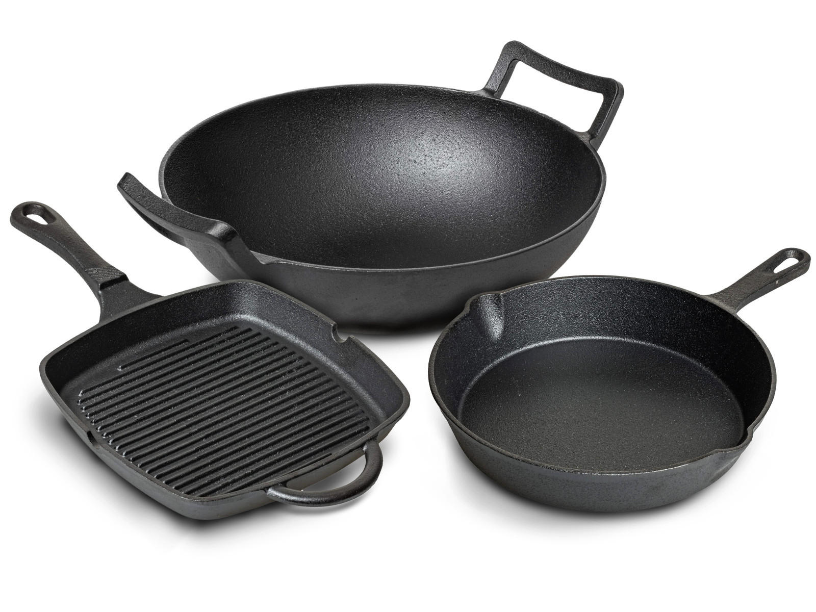 PFANNENSET aus Gusseisen – Grillpfanne 23 x 23 cm, Bratpfanne Ø 25 cm & Wok Ø 32 cm – 3-teilig – geeignet für alle Herdarten - Schwarz, Keramik (1/2/2cm) - Blackwell