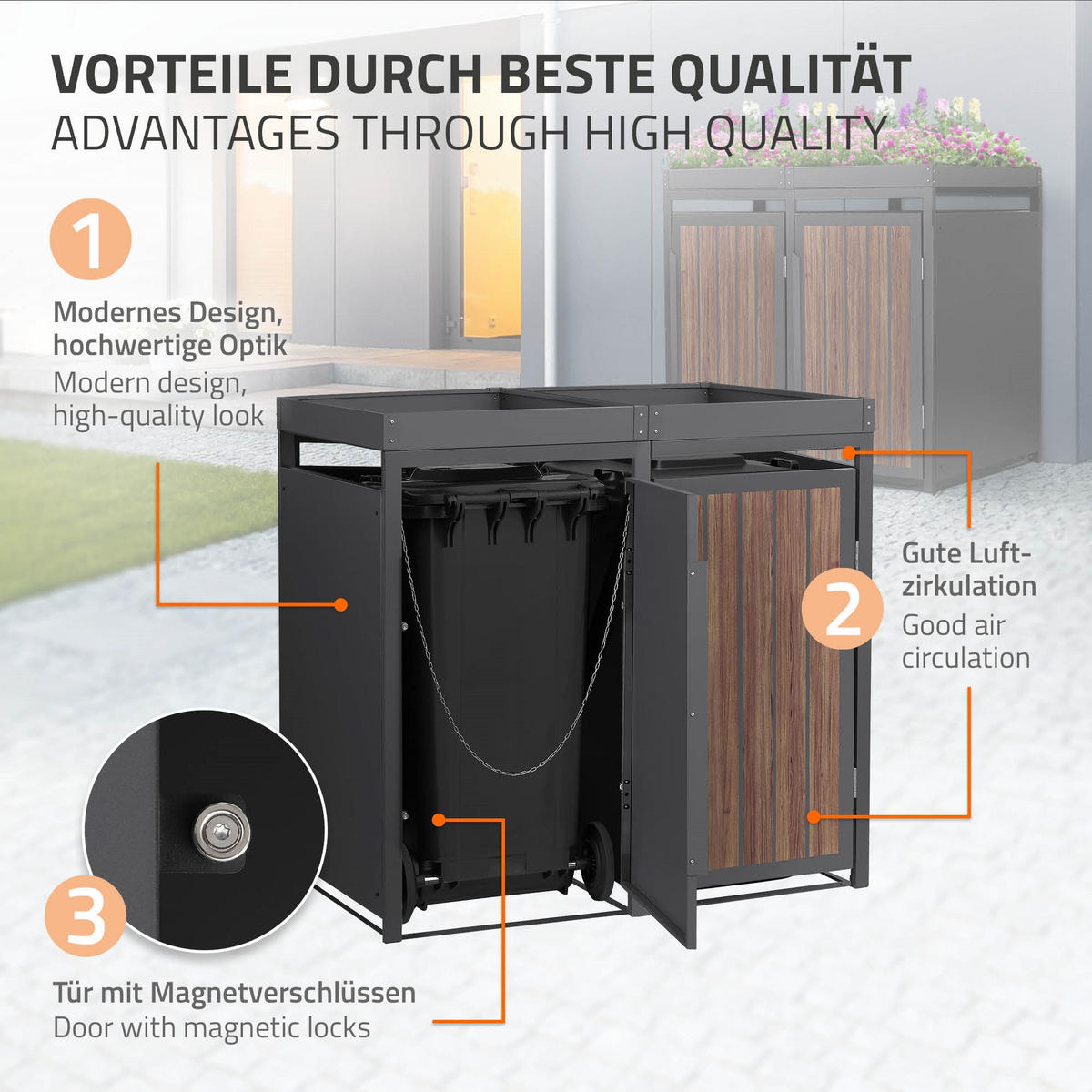 MÜLLTONNENBOX 2er mit Pflanzdach 240L Anthrazit-Holzoptik aus Stahl - Dunkelbraun, Metall (80/124/132cm) - ML-DESIGN