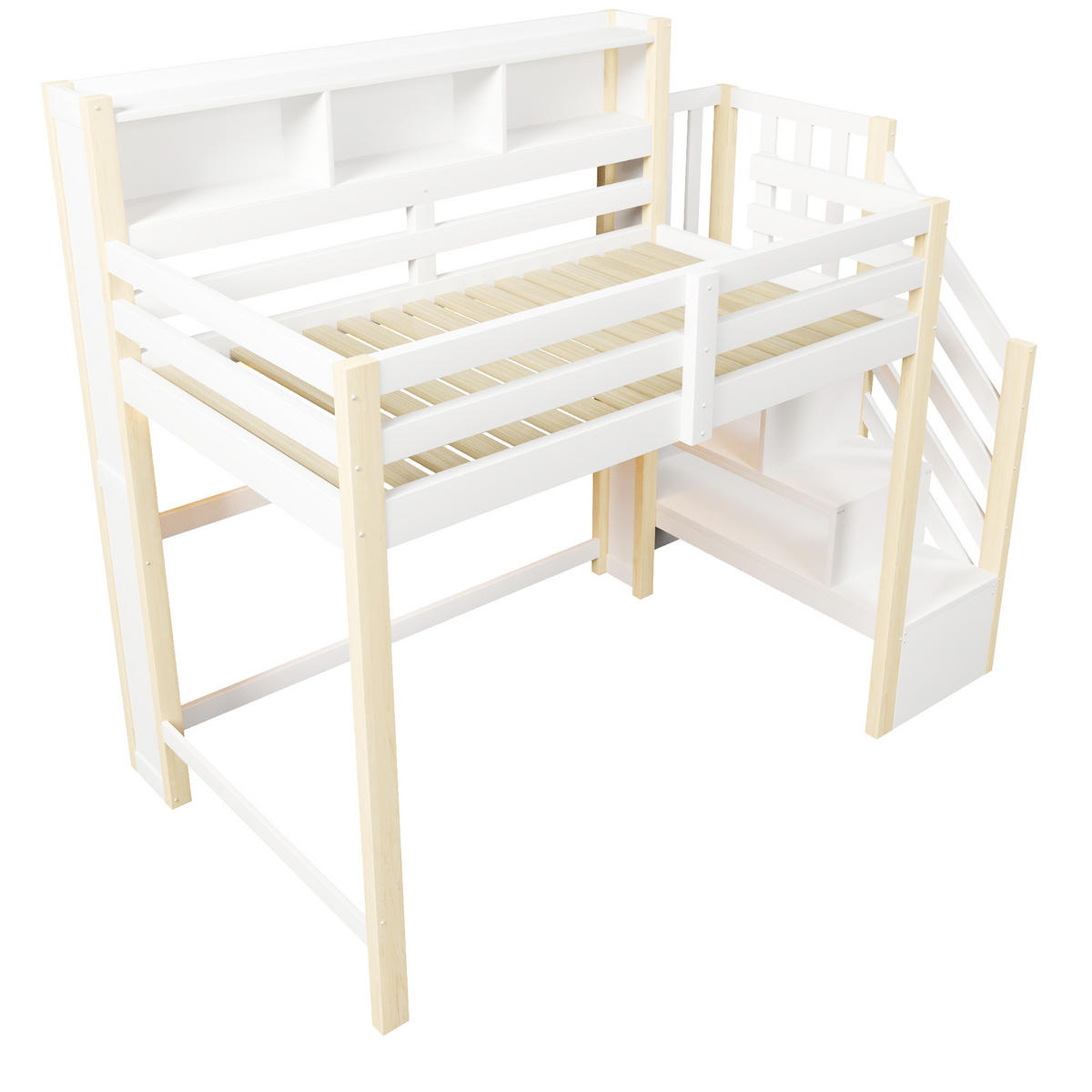 HOCHBETT mit Stauraum und LED 90x200 cm Weiß Natur - Wengefarben, Holz (90/200cm) - Meubliv