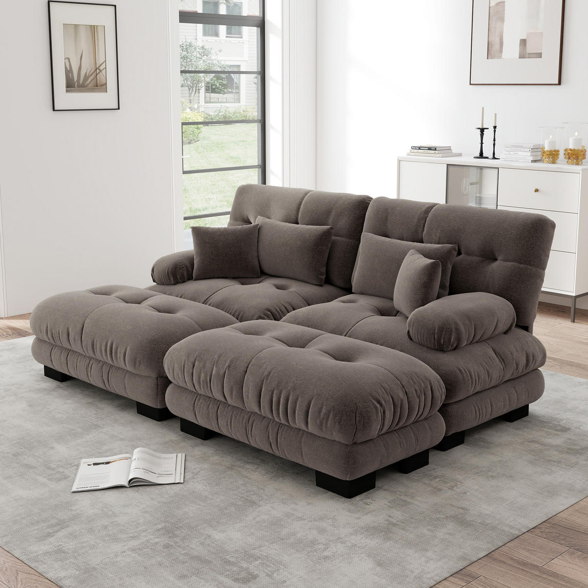 2-SITZER SOFA Chenille Braun mit Ottomans und Kissen - Braun, Textil (220/81/145cm) - WISHDOR