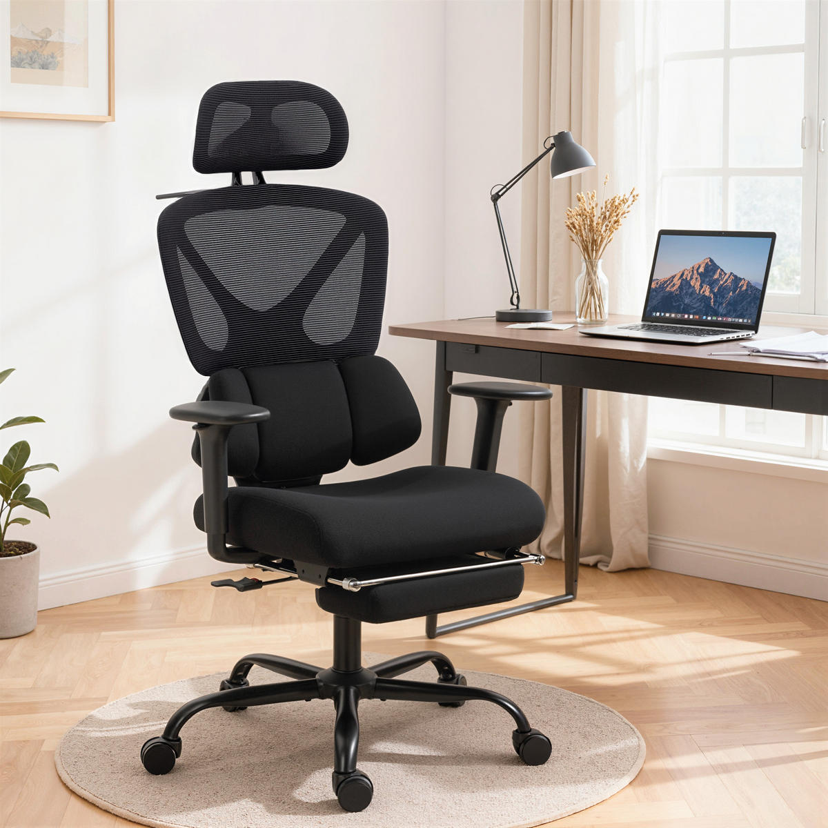 BÜROSTUHL ergonomisch mit Netzstoff, verstellbare Kopfstütze - Schwarz, Kunststoff/Textil (73/128/75cm) - HOMCOM