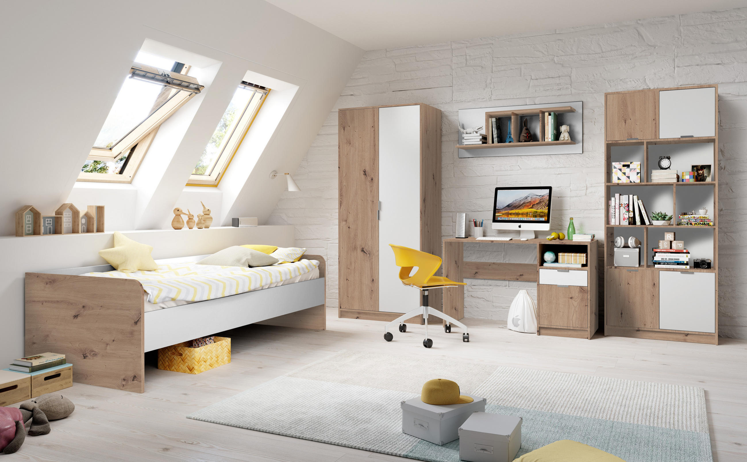 JUGENDZIMMER Karla 5 teilig in Artisan Eiche und Weiß Kinderzimmer Komplett Set - Braun/Weiß, Holzwerkstoff (80/200/120cm)