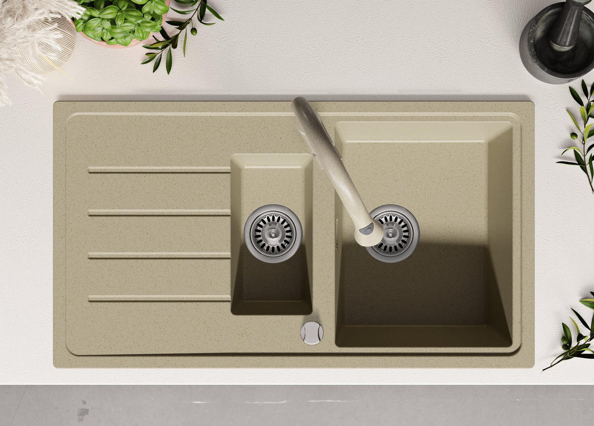 GRANITSPÜLE Kopenhagen Duo, 2-er set Beige 90/50 cm 1,5 Becken + Küchenarmatur 40/20 cm + Ablauf-Set ab 60er Unterschrank - Beige, Kunststoff (90/19/50cm) - Primagran