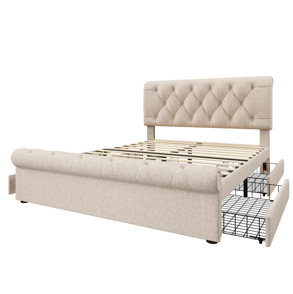 BETT mit 4 Schubladen 140x200 cm Leinen Natur inkl. Matratze - Beige, Holz (140/200cm) - Meubliv