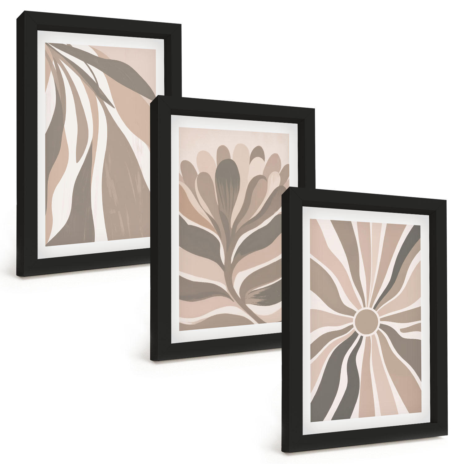 BILDER SET 3er Set - 20x30 cm Schwarzer Rahmen - Abstrakte Pflanzenmuster - Schwarz, Kunststoff (20/30cm) - TULUP